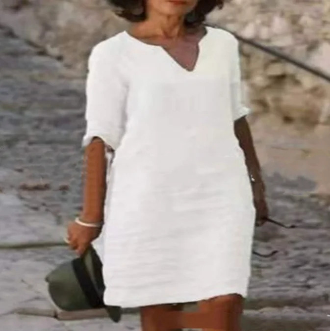 Vintage Women Solid Mini Dress Summer Fashion V-neck Three Quater Sleeve Cotton Linen Dress Ladies Casual Holiday Vestidos 250320