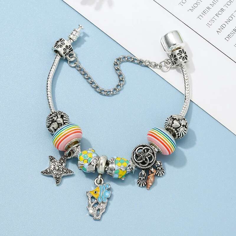 Summer Styles Starfish Fish Beads Charm Bracelets With Vintage Silver Color Bracelet Bangles For Women Men Jewelry Dropshipping