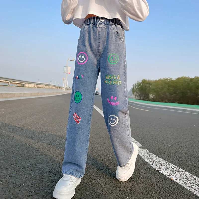 New Girls Jeans Wide Leg pants Straight Cotton Children Ripped Jeans Loose Denim Trousers Fashion Kid Big Girls ClothingT250326