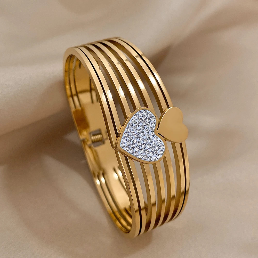 ALLYES n Chic Small Big Rhinestone Love Heart Wide Stainless Steel Bangles Bracelet Charm Gold Color Accessories Gift 250320