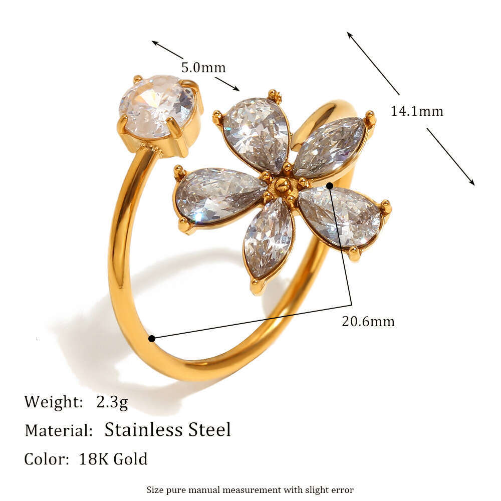 Fashion temperament, personality, creativity, niche jewelry, stainless steel gold-plated zircon flower opening ring for women