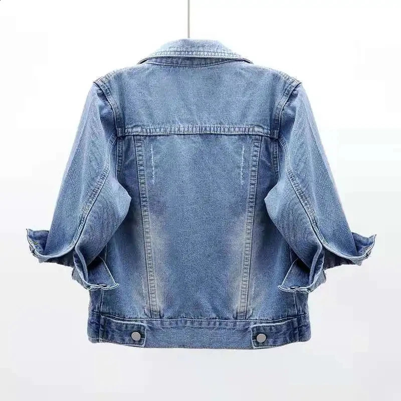 Womens Spring and Autumn Denim Jacket Top Pink Solid Color Short Sleeve Multi Color Womens One Third Sleeve Jeans Jacket 250317