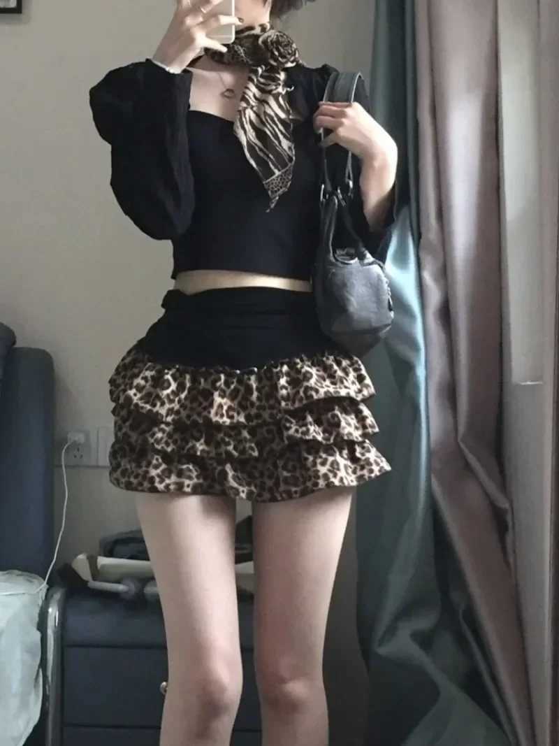 Summer Y2k womens leopard skin sexy womens chiffon mini skirt layered short mini skirt 2000s expression girl A-line skiing 2024XJ250320