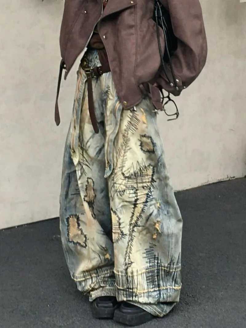 American street breaking style embroidered denim pants oversized retro wash personalized fashion loose casual wide leg jeansT250319
