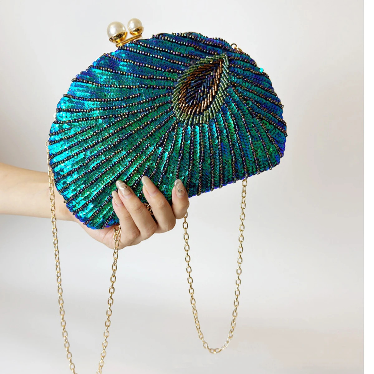 Glitter Vintage Sequins Decor Clutch Wallet Classic Peacock Feather Pattern Evening Bag Womens Shiny Satchel Bag For Party 250319