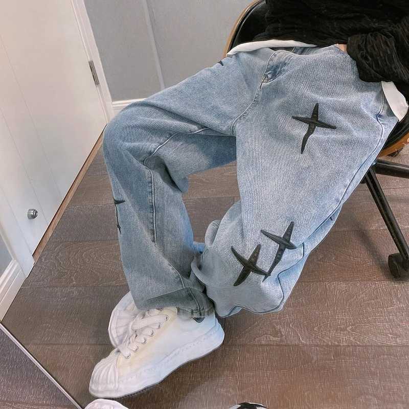 Prints Jeans Mens 2023 New Street Clothing Bag Wide Leg Jeans Korean Fashion Dress Straight Casual Loose Cowboy Cargo PantsT250319