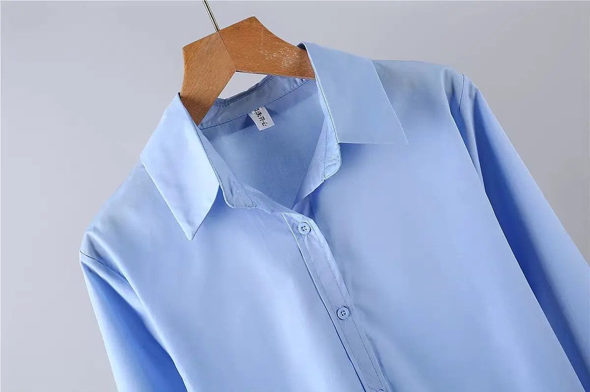 2025 Spring Casual Long Sleeve Women Blue Shirt Korea Style Solid Button Woman Crop Tops Blouse Simple Lady Daily Clothing 250320