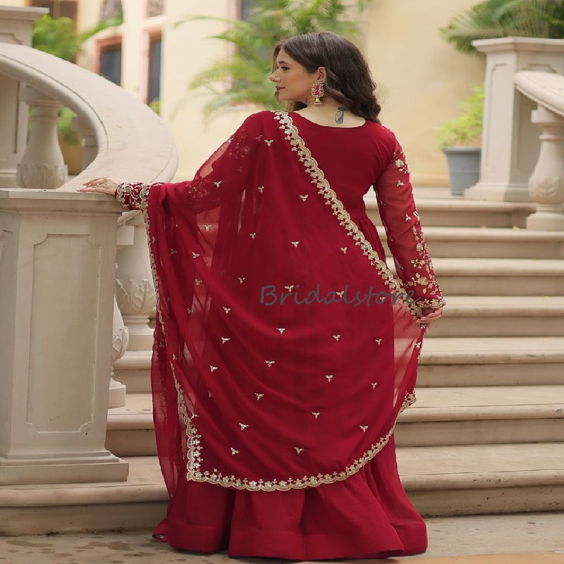 Classic Paskistani Red Evening Dress With Wrap Dupatta Elegant Indian Arabic Prom Dresses 2025 Lace Engagement Party Vestio de Gala Dubai Robe De Mari