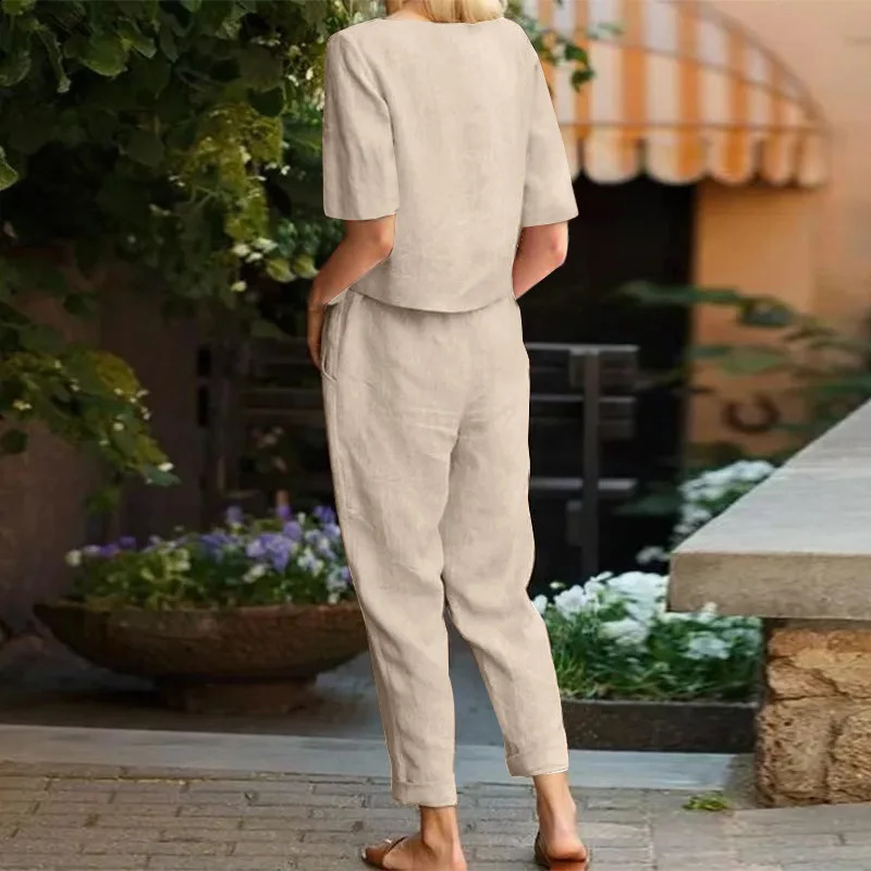 Womens Cotton Linen Summer Set Half Sleeve Round Neck Tie Elastic Waist Mens Loose Pants Retro 2024 250319