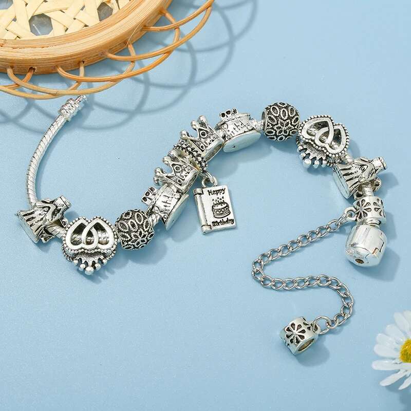 Silver Color Birthday Cake Pendant Charm Bracelet With Heart To Heart Beads Bracelets For WomenGirls Jewelry Gift Dropshipping