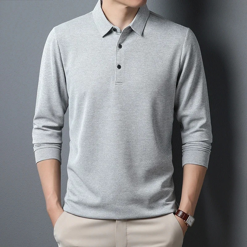 Mens Business Fashion Casual Long Sleeved Shirt Solid Color Polo Fashionable Breathable Comfortable Versatile Top 250320
