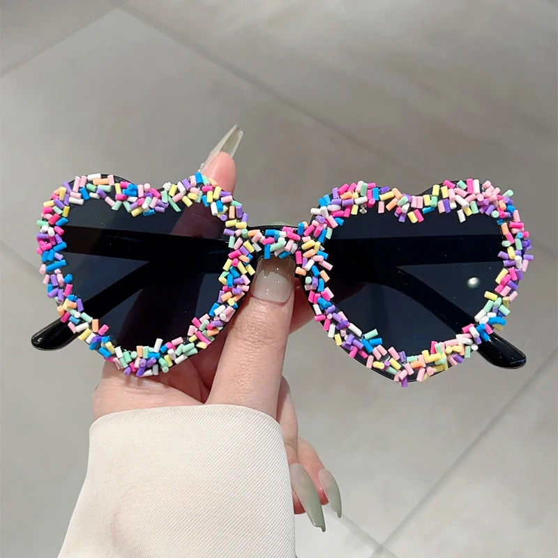 KAMMPT Heart Shape Sunglasses with Colorful Jimmies Women Stylish Cute Beach Sun Glasses Trendy Original Vacation Casual Shades 250320