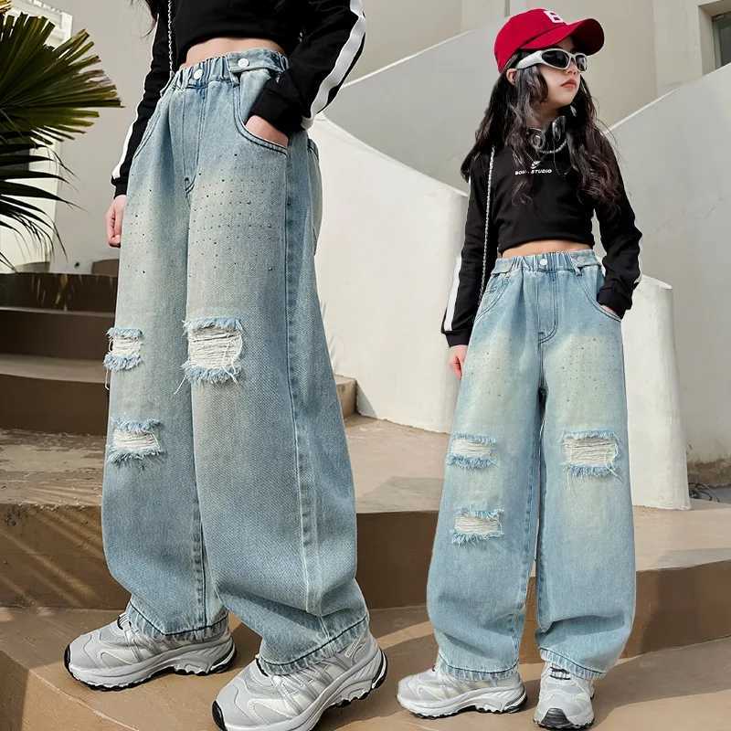 Girls torn denim wide leg pants childrens jeans girls high waisted loose casual style childrens clothing spring and autumn TrouthersT250326