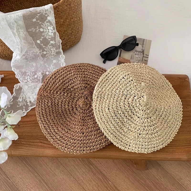 Summer Straw Berets for Women Ins Crochet Straw Hat Female Cool Cap Outdoor Spring Beach Hat Boina Gift 250320