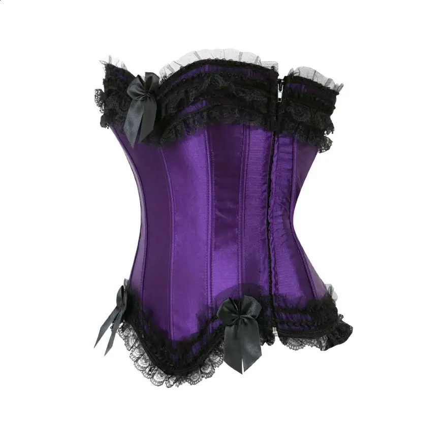 Sexy Lace Overbust Corset Top Women Vintage Satin Bow Bustier Lingerie With Zipper Plus Size Body Shaper Burlesque Corsets 250319