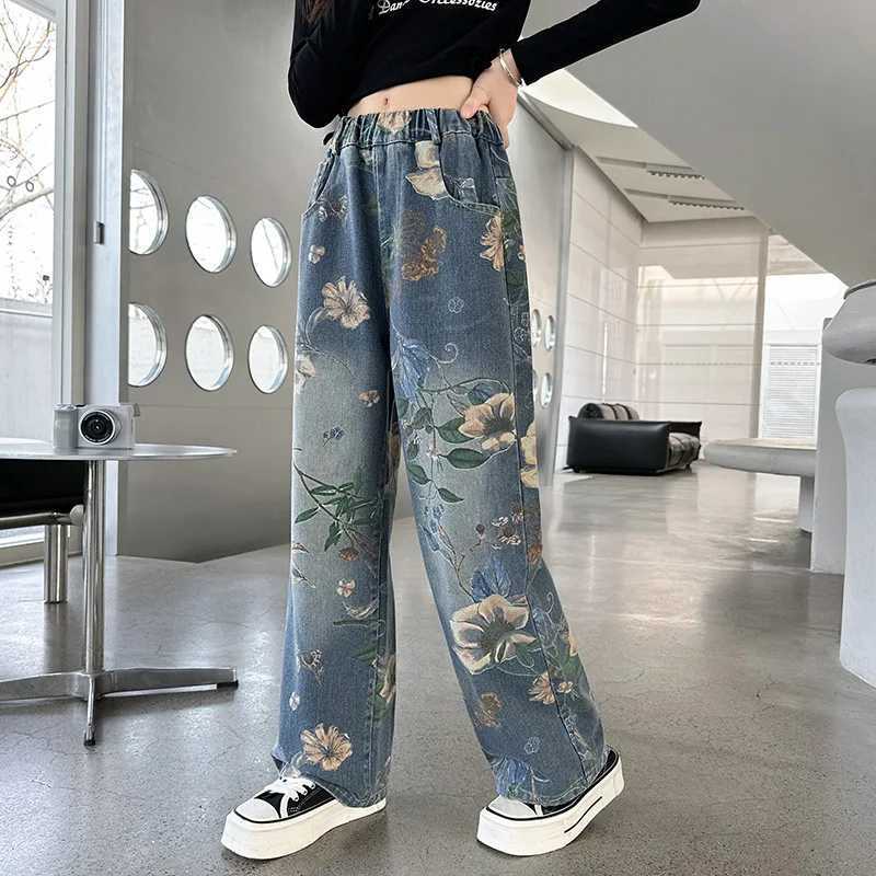 New Fashion Girls Jeans Childrens Denim Wide Leg Pants Flower Pattern Korean Youth Casual Trouser Girls Clothing Hot SellingT250326