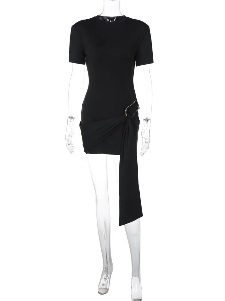 Mozision Short Sleeve Draped Sexy Mini Dress For Women Black Metal Buckle O Neck High Waist Bodycon Club Dress Vestido Clothes 250320