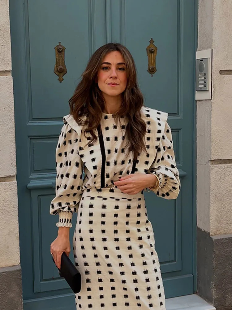 Elegant Puff Sleeve Folded Round Neck Shirt Maxi Tight Fashion Curly Edge Printed Set Womens Commuting Holiday 250320