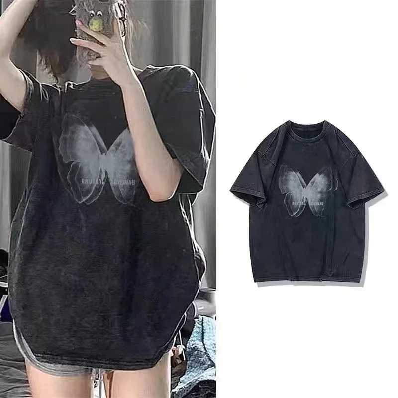 Aesthetic art butterfly print womens plus size T-shirt street fashion trend cool design top 2024 new Y2k handsome womens T-shirtT250320