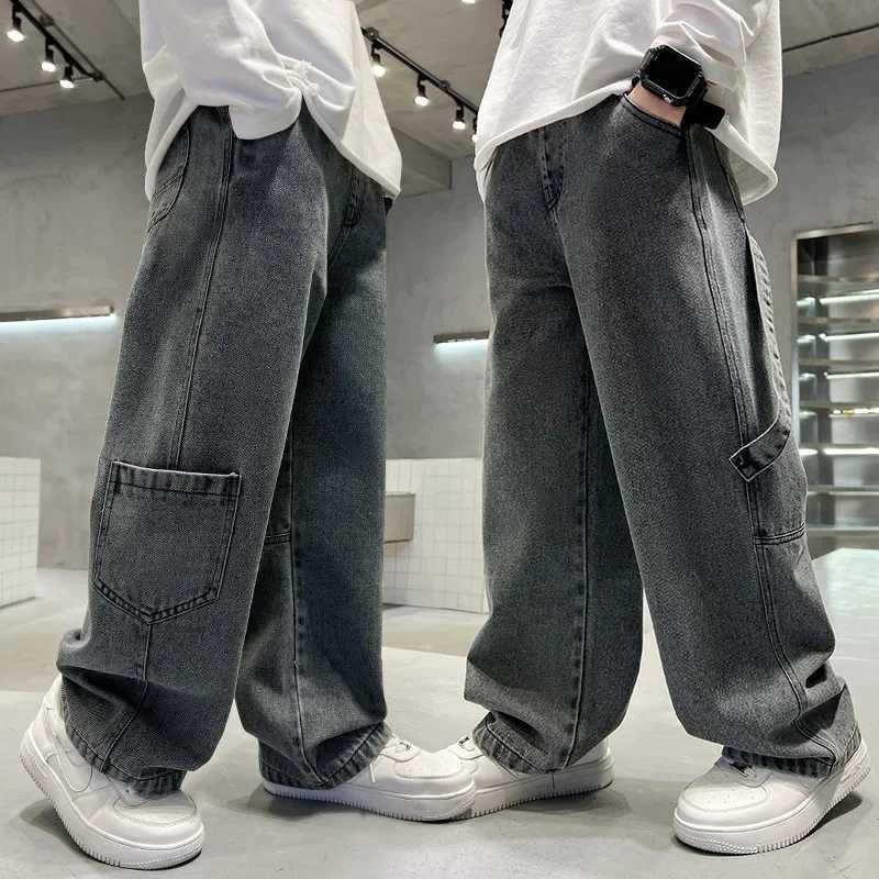 Teenage boys freight jeans Spring and Autumn new style childrens wide leg jeans with loose pockets TrouserT250326