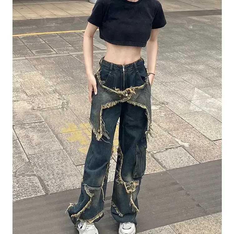 Starry Fringewashing Jeans Loose-Fit Straight-Leg Pants Hip Hop Style For Dancing Men And Women Couple Long Pants American StyleT250319