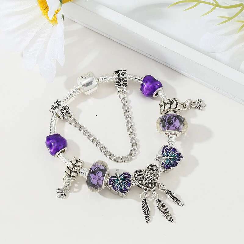 Silver Color Leaves Beads Charm Bracelet With Feather Pendant DIY Fashion Bracelets Jewelry For Women Girlfriend Dropshipping