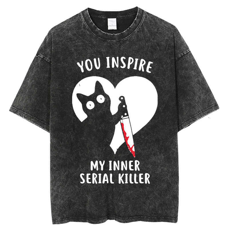 American washed vintage short sleeved t-shirt cute cat trendy brand high street hip-hop couple top outfit
