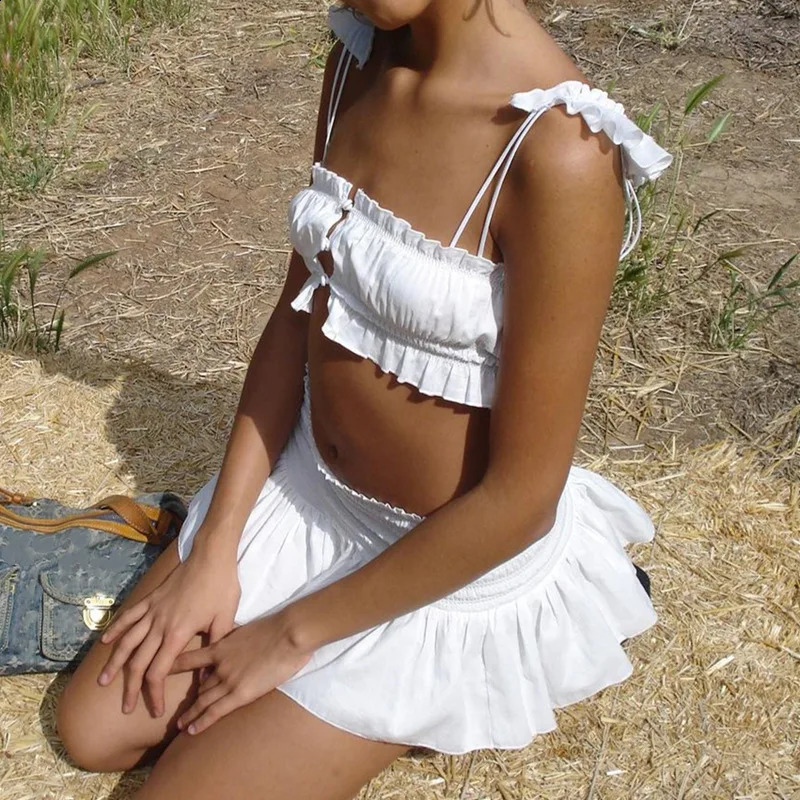 Cryptographic Y2K Sweet White Two Piece Sets Summer Elegant Outfits Pleated Top A Line Skirt Co-ords Sets Festival Club Clothes 250319