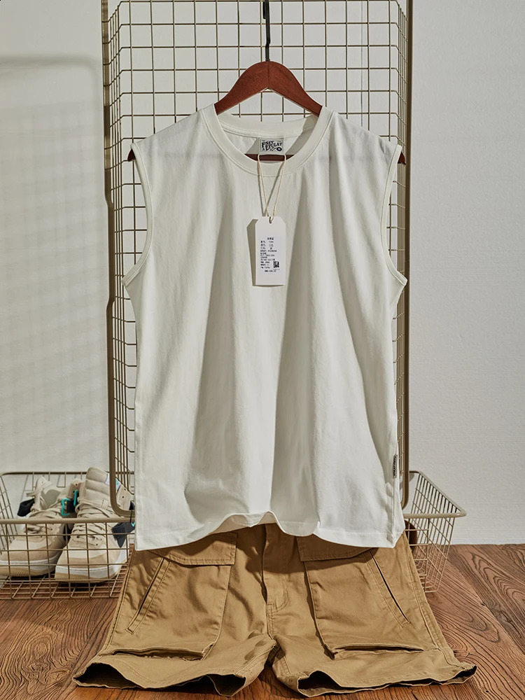 Summer American Retro Sleeveless Oneck Solid Color Tshirt Mens Fashion 100 Cotton Washed Casual Sports Tank Top 250319