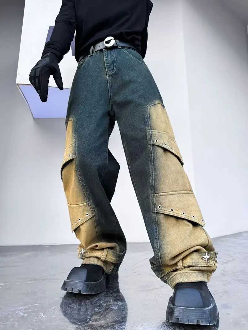 2024 Pantalones Y2K Streetwear Retro Blue Pocket New Jeans Mens Cargo Pants Straight Wide Legs Hip Hop CowboyT250319