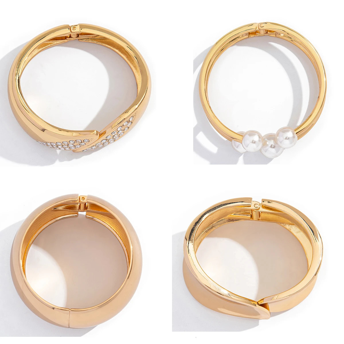 Ingemark 6 Styles Vintage Hip Hop Pearl Beads Open Cuff Bangles Women Punk Gold Color Rhinestone Bracelet Men Jewelry 250320