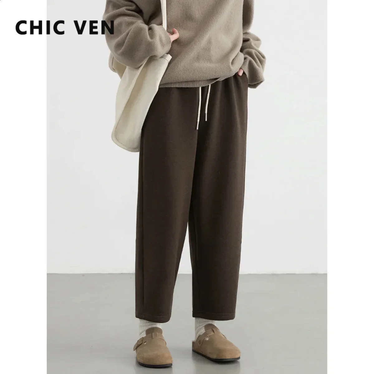 CHIC VEN Womens Pants Korean Casual High Waist Straight Plush Trouser Fashion Solid Warm Pants Autumn/Winter 250314