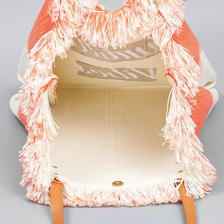 Canvas Tassel Womens Bag Trend Color Contrast Tote Bags Summer Embroidered Letter Straw Beach Bag Casual Bolsas Large Handbags R250320