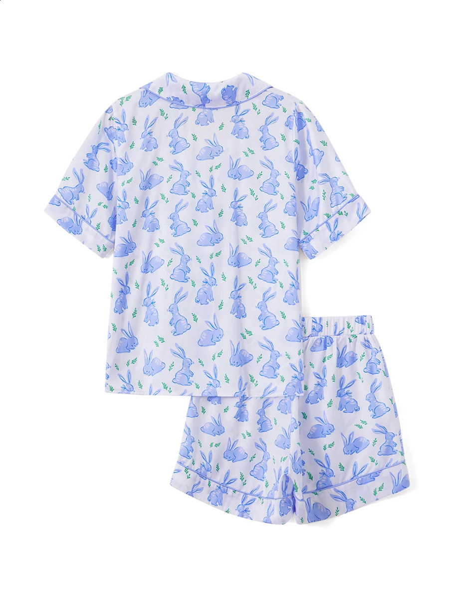 Women 2 Piece Y2k Rabbit Print Pajama Set Short Sleeve Lapel Collared Button Down Shirt Shorts Pjs Lounge Easter Day Sleepwear 250319