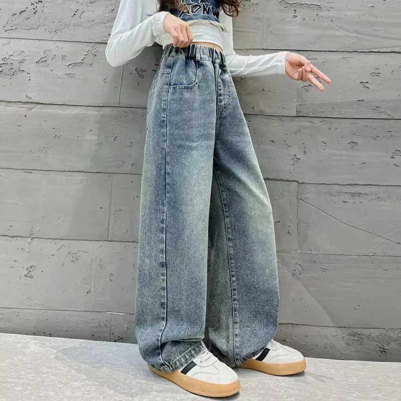 Spring and Autumn Fashion Girls Wide Leg Jeans Childrens Blue Denim Trouser Womens Loose Jeans Childrens School ClothingT250326