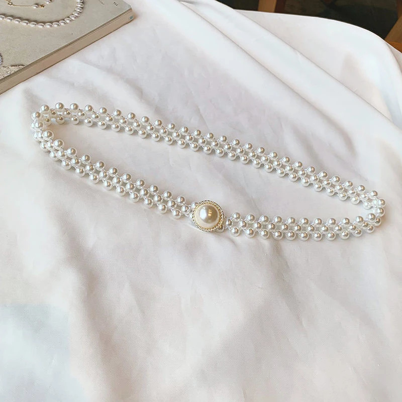 Large Pearl Waist Chain Womens Elastic Belt with Diamond Decoration All-match Skirt Fashion Casual Girdle Gothic 250320