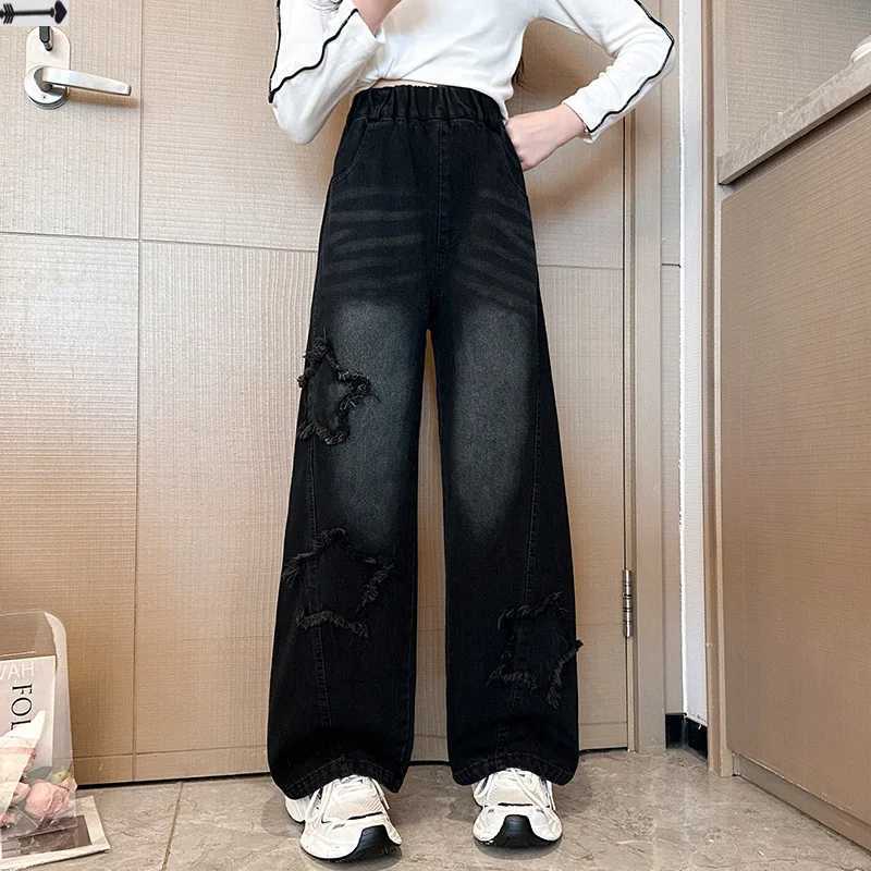 Teenage girl retro high waist wide leg straight jeans with star pattern suitable for children baby new shoulder strap jeans girl TrouserT250326