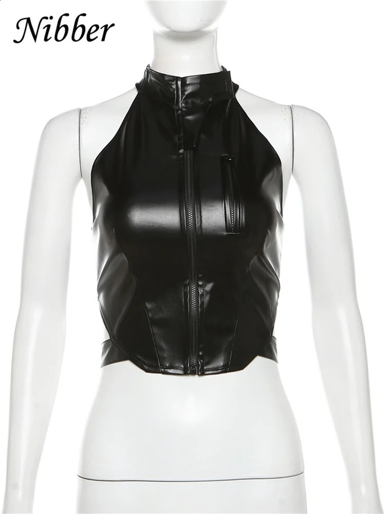 NIBER Leather Punk Sexy Vest Womens Ring Neck Zipper Backless Sleeveless Motorcycle Street Clothing Nightclub 250319