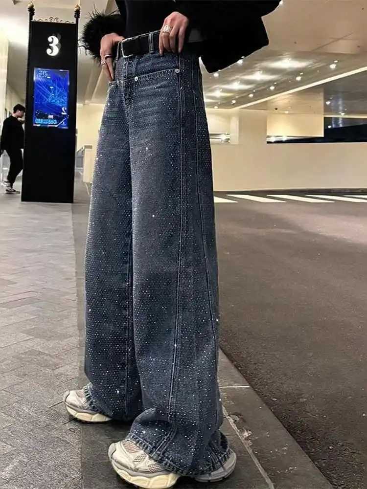 American retro hot diamond straight jeans womens spring high street design high waist loose thin wide leg pantsT250319