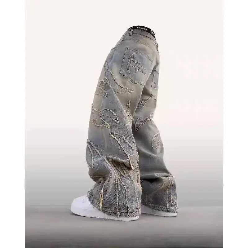 Harajuku Vintage Bat Pattern Embroidery Loose Jeans Mens Street Pants Lazy JeansT250319