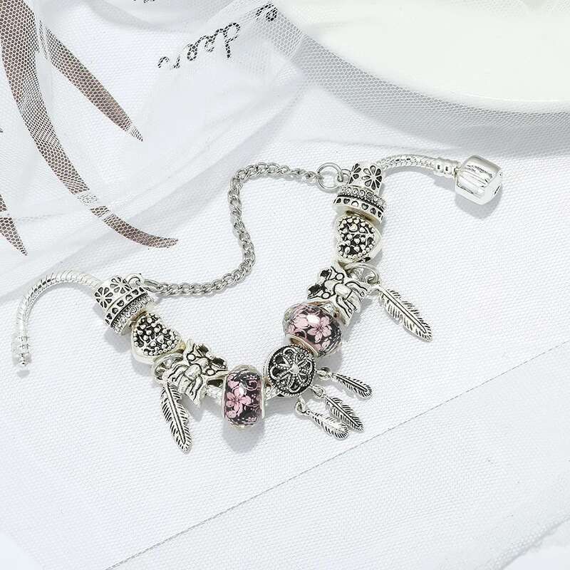 Silver Plated Noble Feather Butterfly Beads Charm Bracelets & Bangle Fit Original DIY Bracelet For Women Men Jewelry Gift