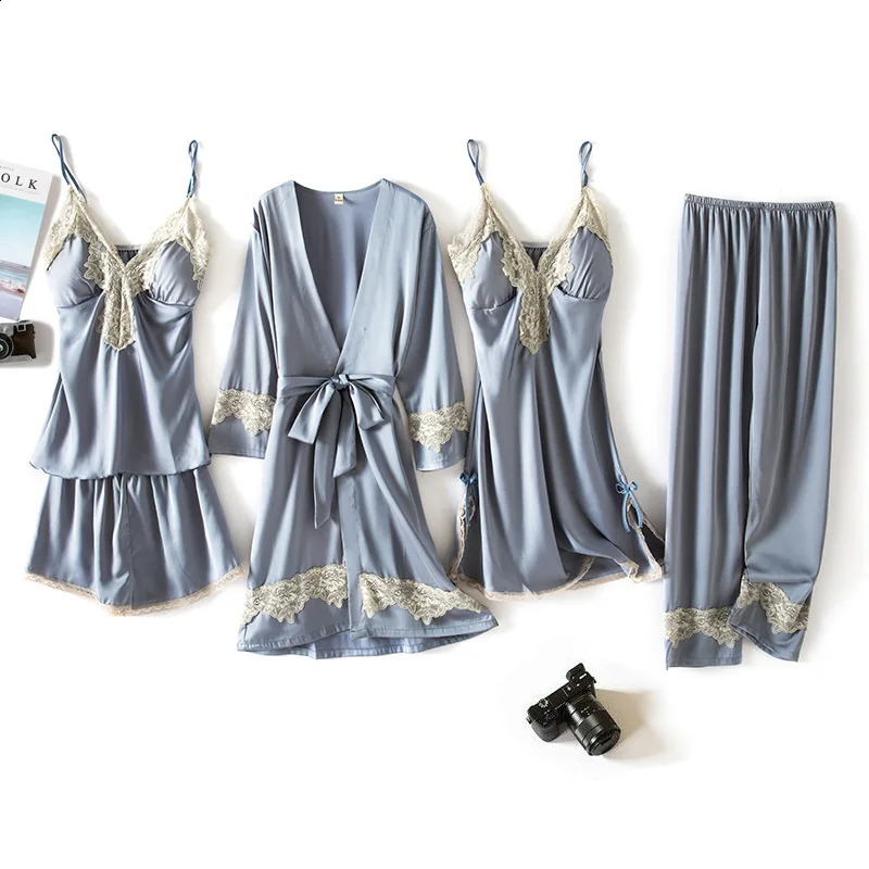 Summer 5 Pcs Set Women Pyjama Satin High Quality Sexy Leopard Sleepwear With Chest Pad Pajamas 250319