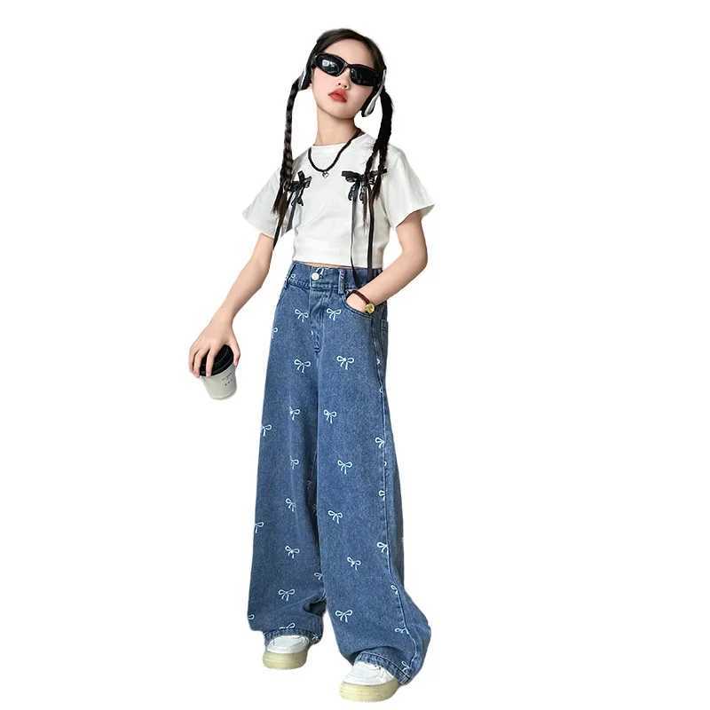 2024 Summer Casual Style Jeans Spring Big Kids Straight Trousers For 4-16Y Girl Teenage Clothes Bow Print Denim Wide Leg PantsT250326