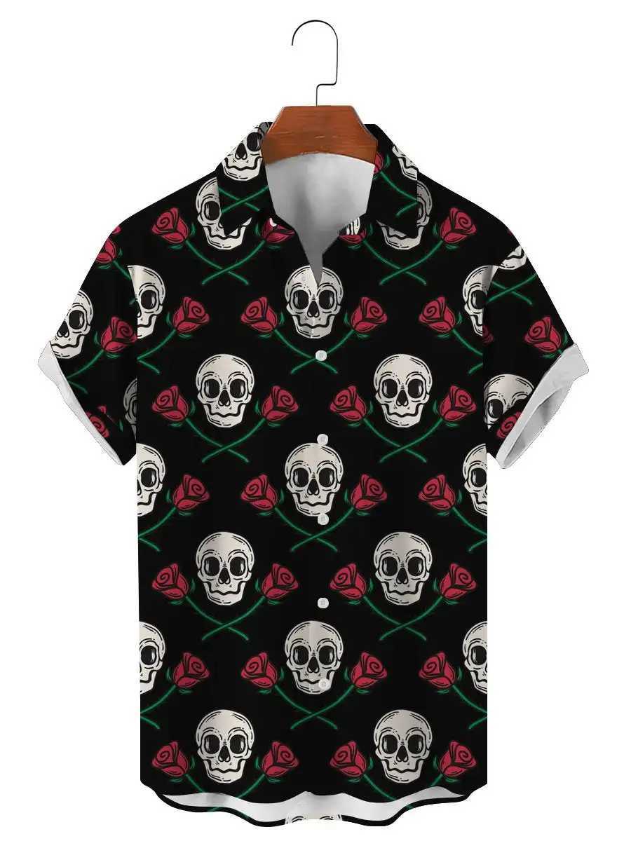 Fashion Skull Floral Mens Shirts Funny Skull 3D Print Streetwear Short Sleeve Tees Hawaiian Shirt Print Lapel Shirts For Men M250320