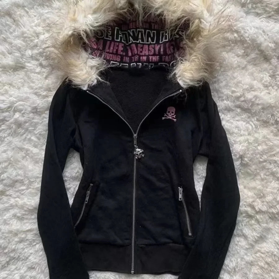 Street fashion winter hoodie womens Korean street solid color zipper sweater loose casual fur collar warm 250317
