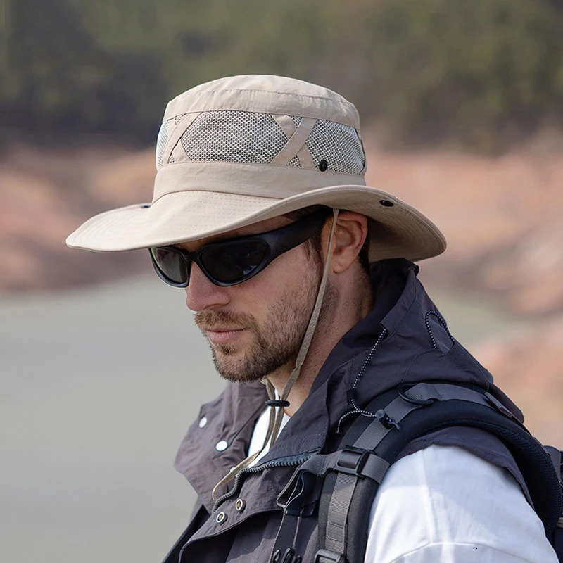 1PC Hollow Bucket Hat for Men Breathable UPF 50 Hiking Beach Foldable UV Protection Fishing Summer Safari Sun Cap Adjustable 250320