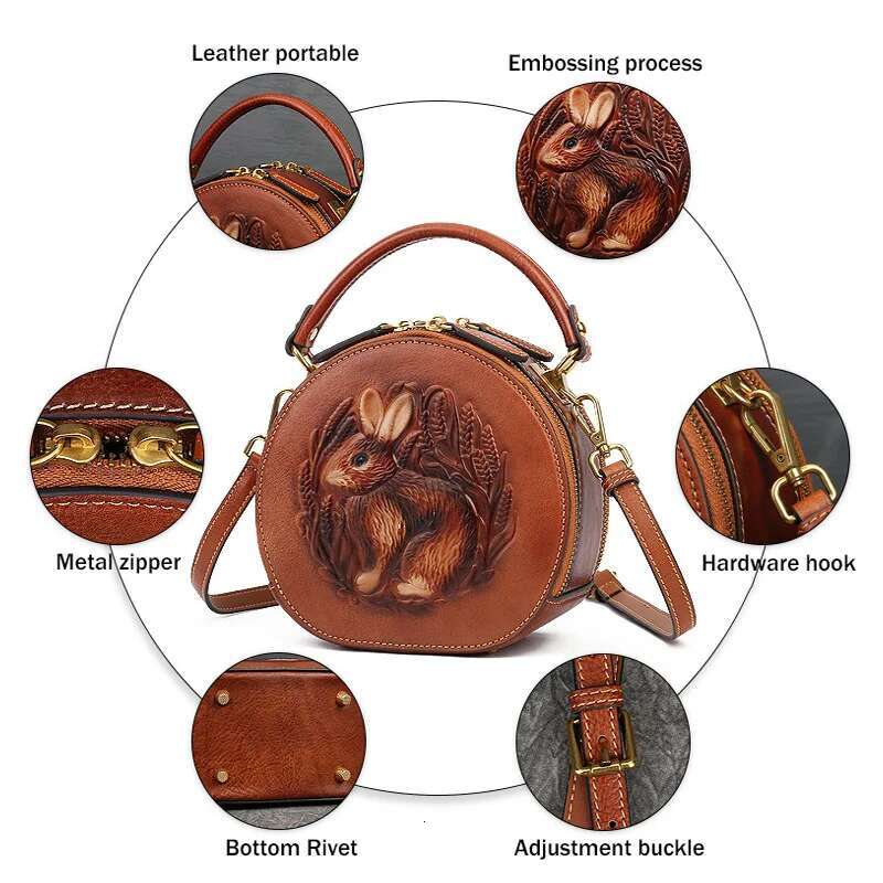 MOTAORA 2025 New Retro Round Women's Genuine Leather Handbags For Ladies Designer Rabbit Emed Shoulder Messenger Bags