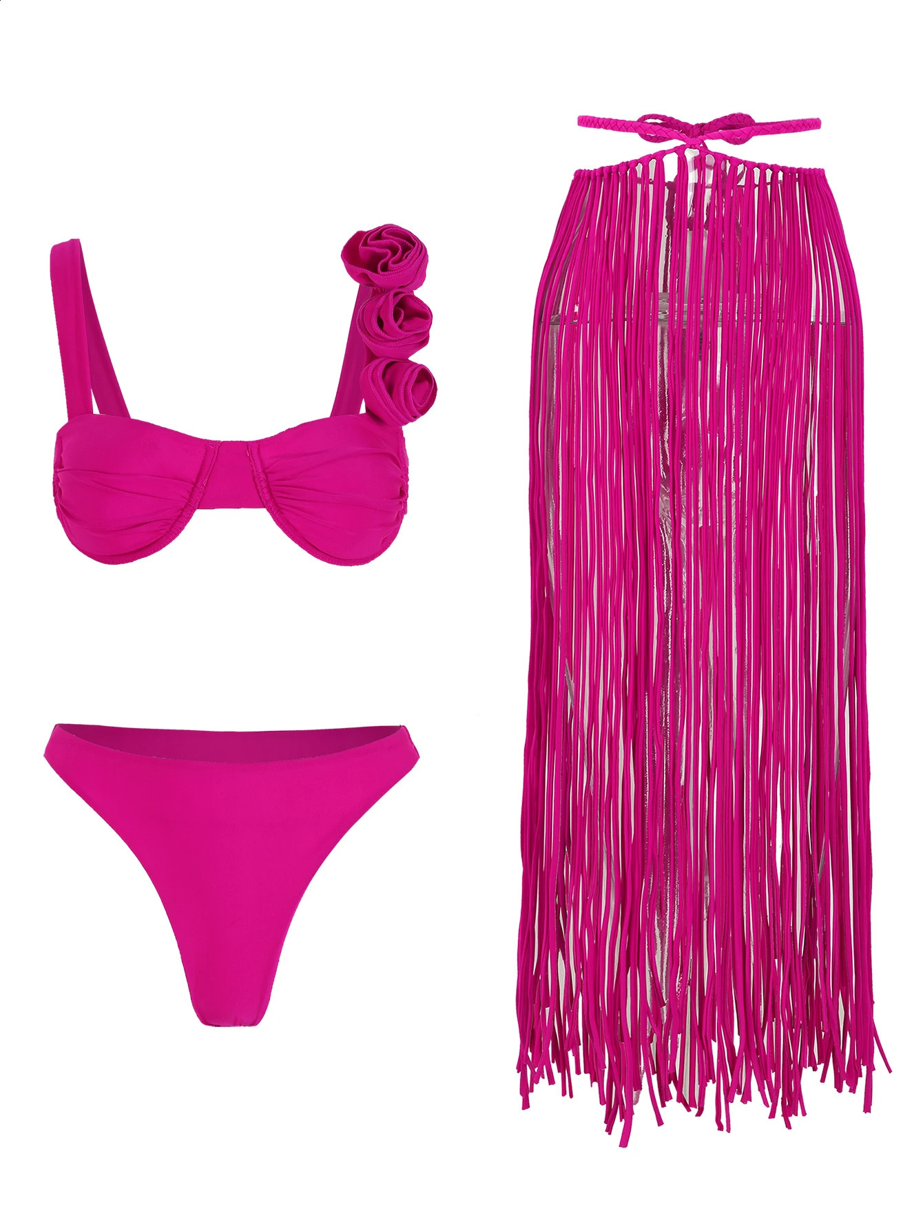 Style Flower Tassels Bikini Set With Skirt Women Three Pieces Set Swimsuit Sexy Backless Biquini Beach Wear Outfits 250314