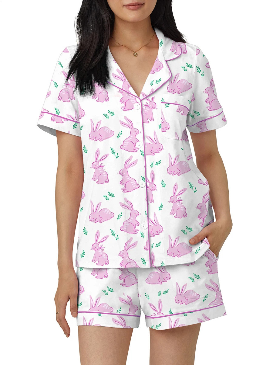Women 2 Piece Y2k Rabbit Print Pajama Set Short Sleeve Lapel Collared Button Down Shirt Shorts Pjs Lounge Easter Day Sleepwear 250319