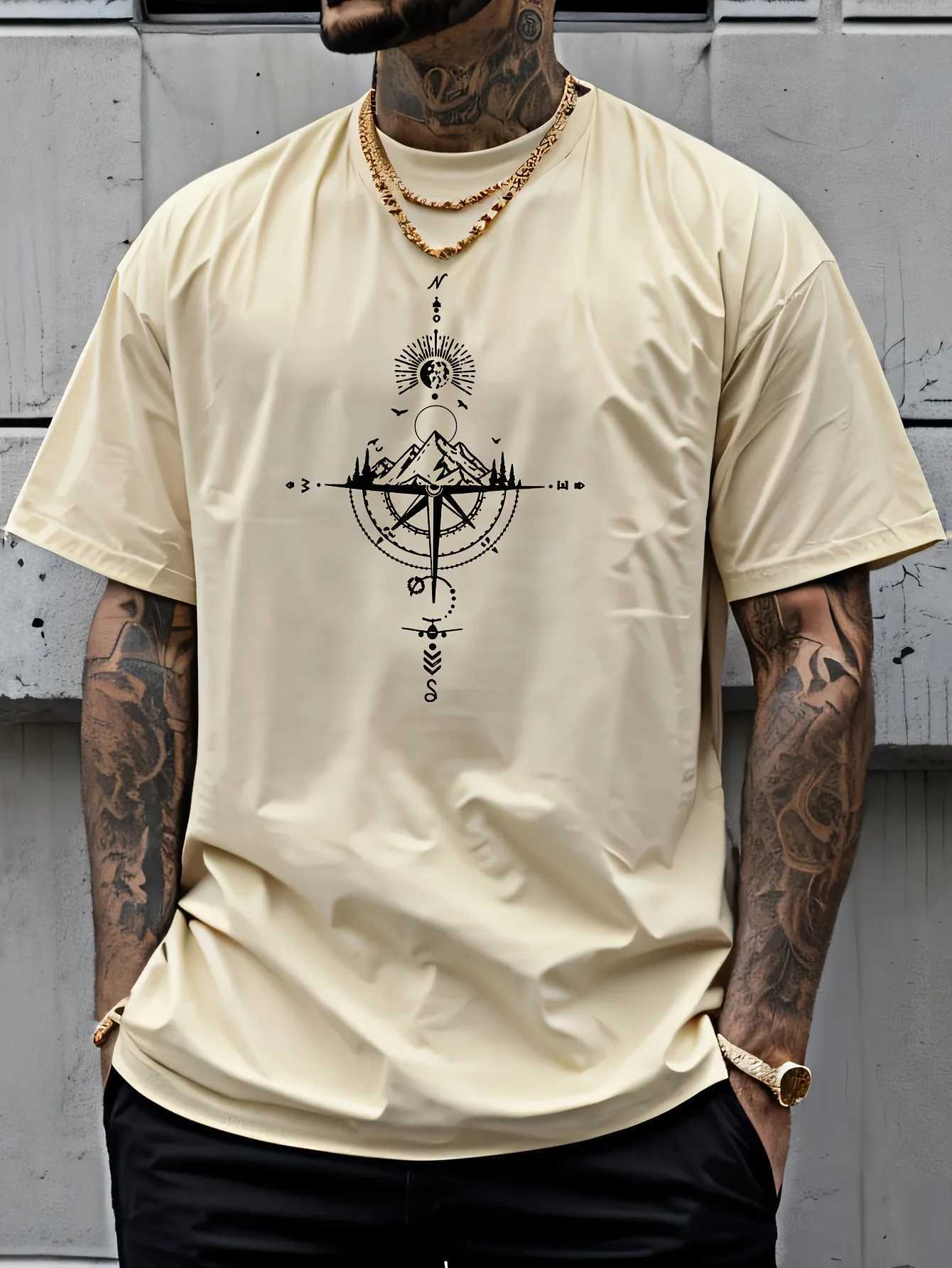 Summer mens 100% pure cotton casual sports loose retro compass print comfortable round neck short sleeved T-shirtT250319